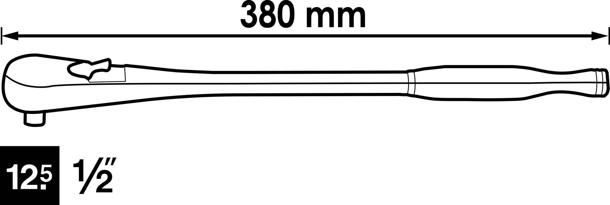 'Diagramm einer Ratsche, Länge 380 mm, mit 1/2 Zoll Antrieb. Geeignet für mechanische Anwendungen.'