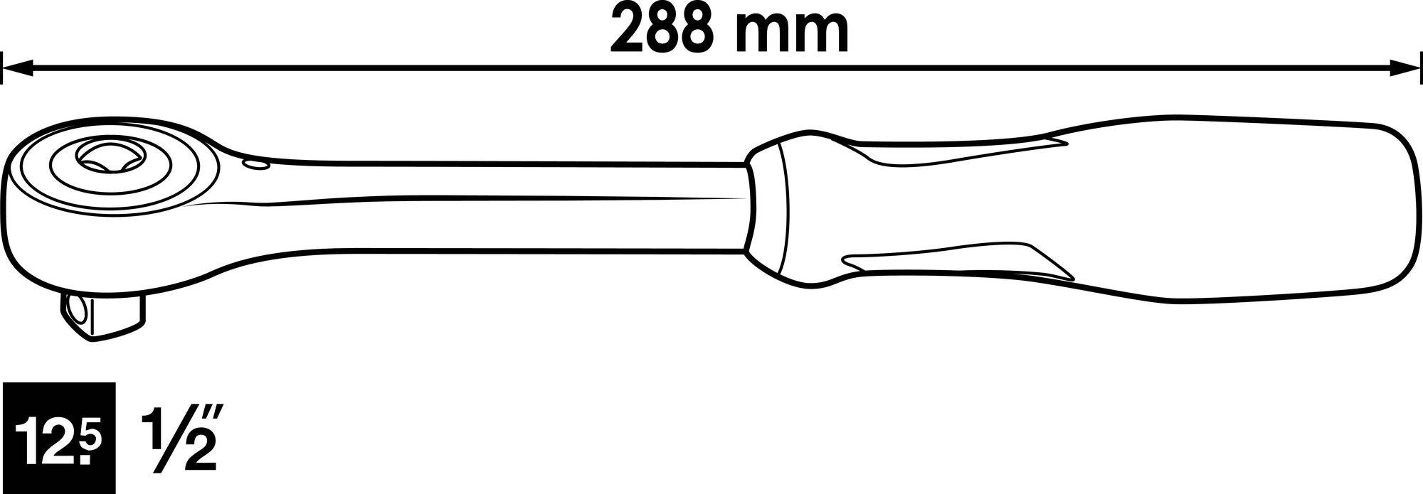 'Knackschlüssel mit 1/2 Zoll Vierkantantrieb, Länge 288 mm, 125° Neigung.'