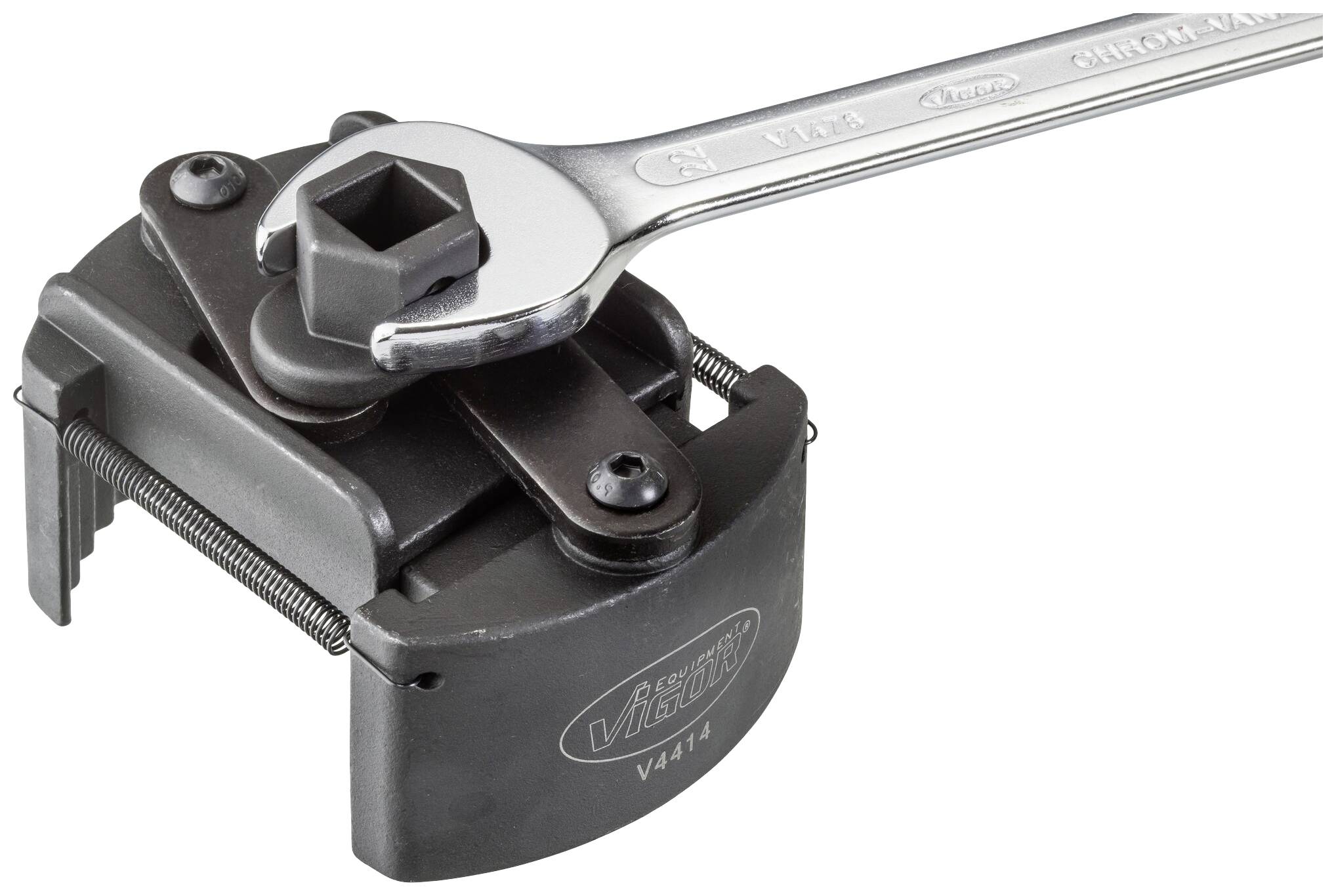 Ölfilterschlüssel mit Ratsche und verstellbaren Backen zur einfachen Entfernung von Ölfiltern. Blauer Hintergrund.