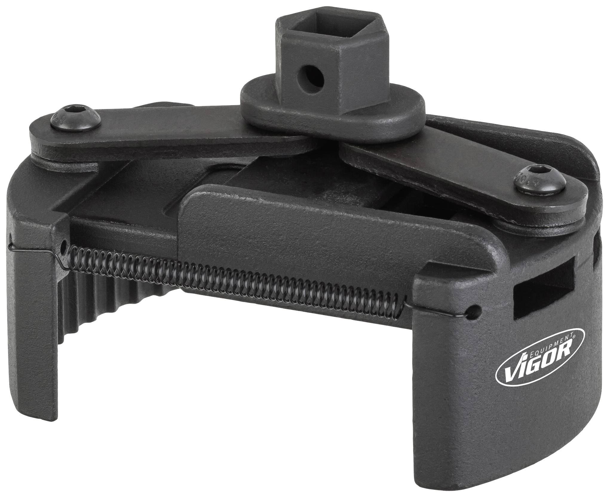 Abgebildet ist ein schwarzer Werkzeug-Ölfilterspanner der Marke Vigor zur Demontage von Ölfiltern, mit verstellbaren Backen.