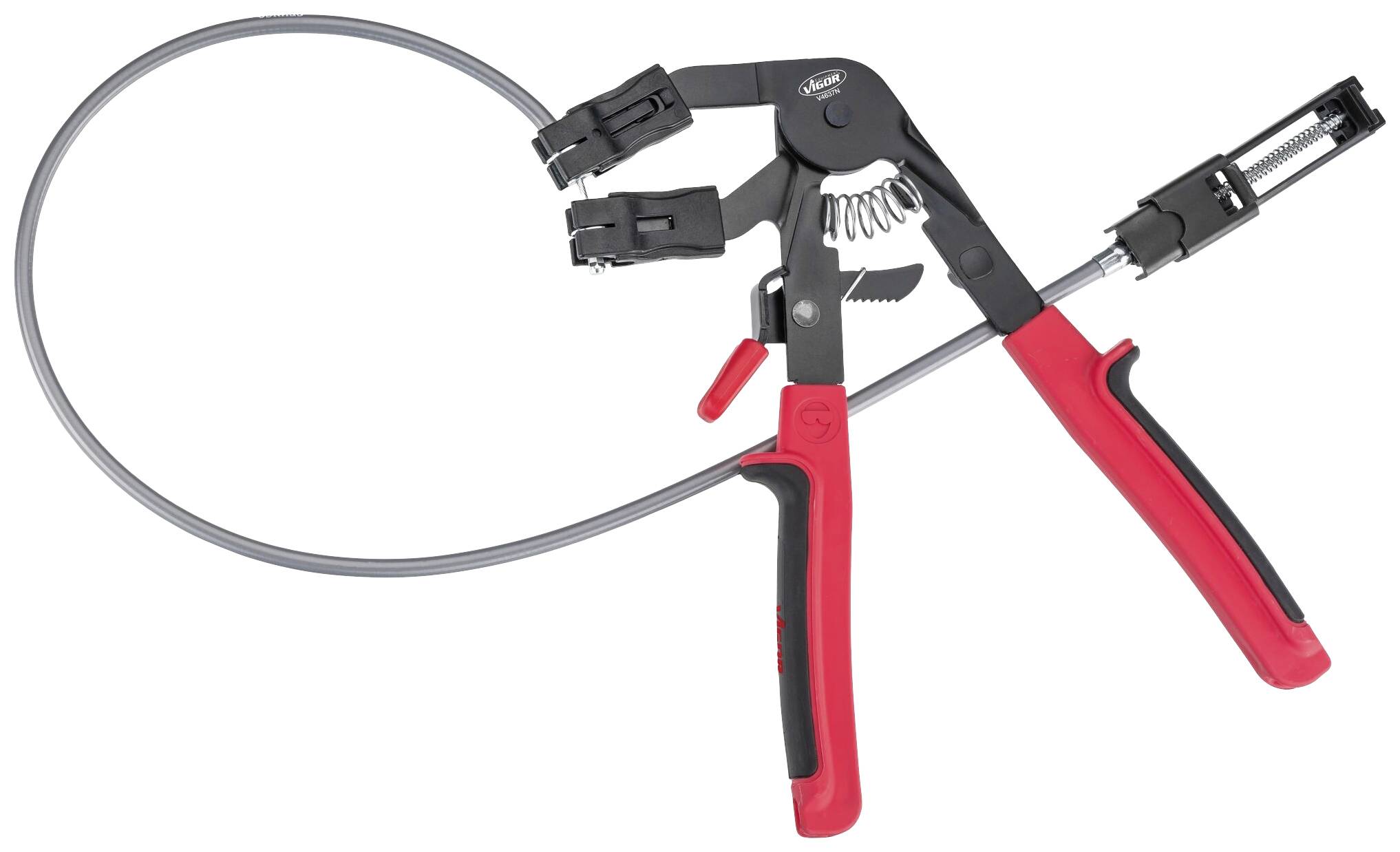Zange mit langem, flexiblem Kabel und rotem Griff, zum Entfernen oder Anziehen von Schlauchschellen in schwer zugänglichen Bereichen.