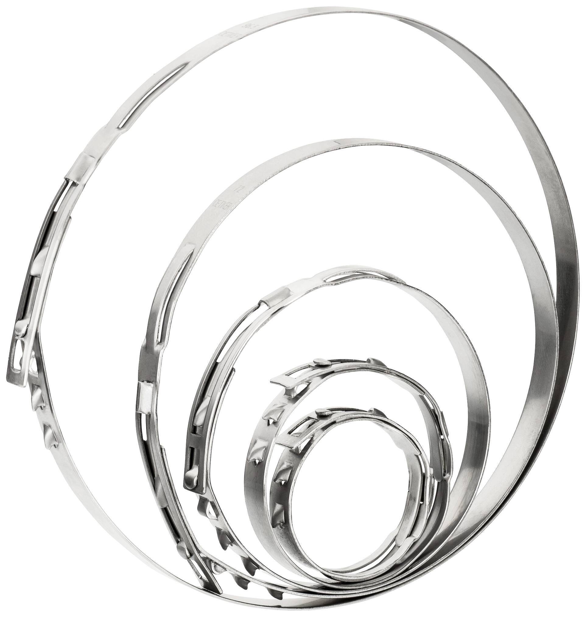 Metallstreifen bilden konzentrische Spiralen, symmetrisch angeordnet. Sie zeigen unterschiedliche Durchmesser und Anwendungsvielfalt.