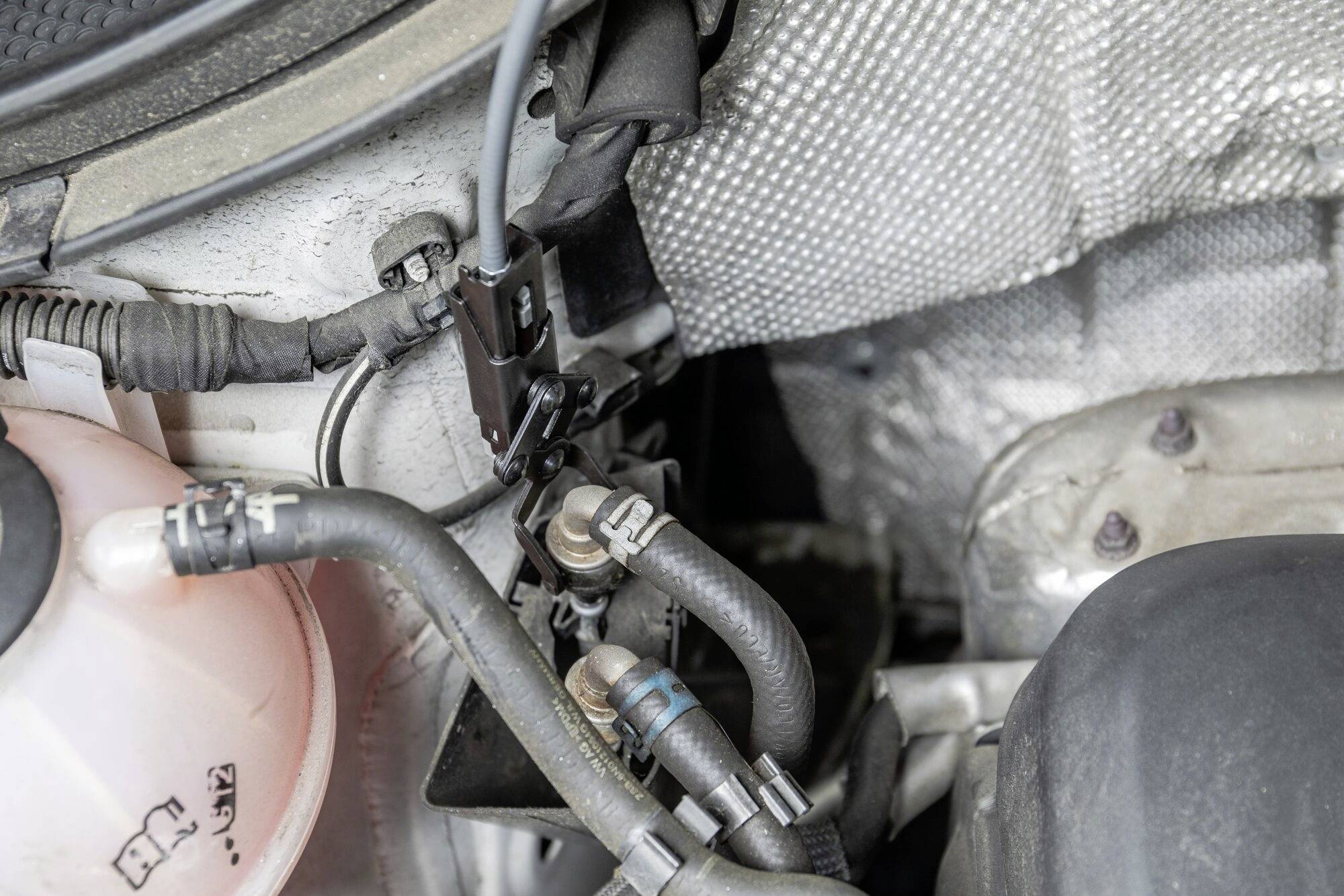 Nahaufnahme eines Automotorkompartiments mit Schläuchen und einem Behälter. Zeigt technische Details und Verbindungen im Motorraum.