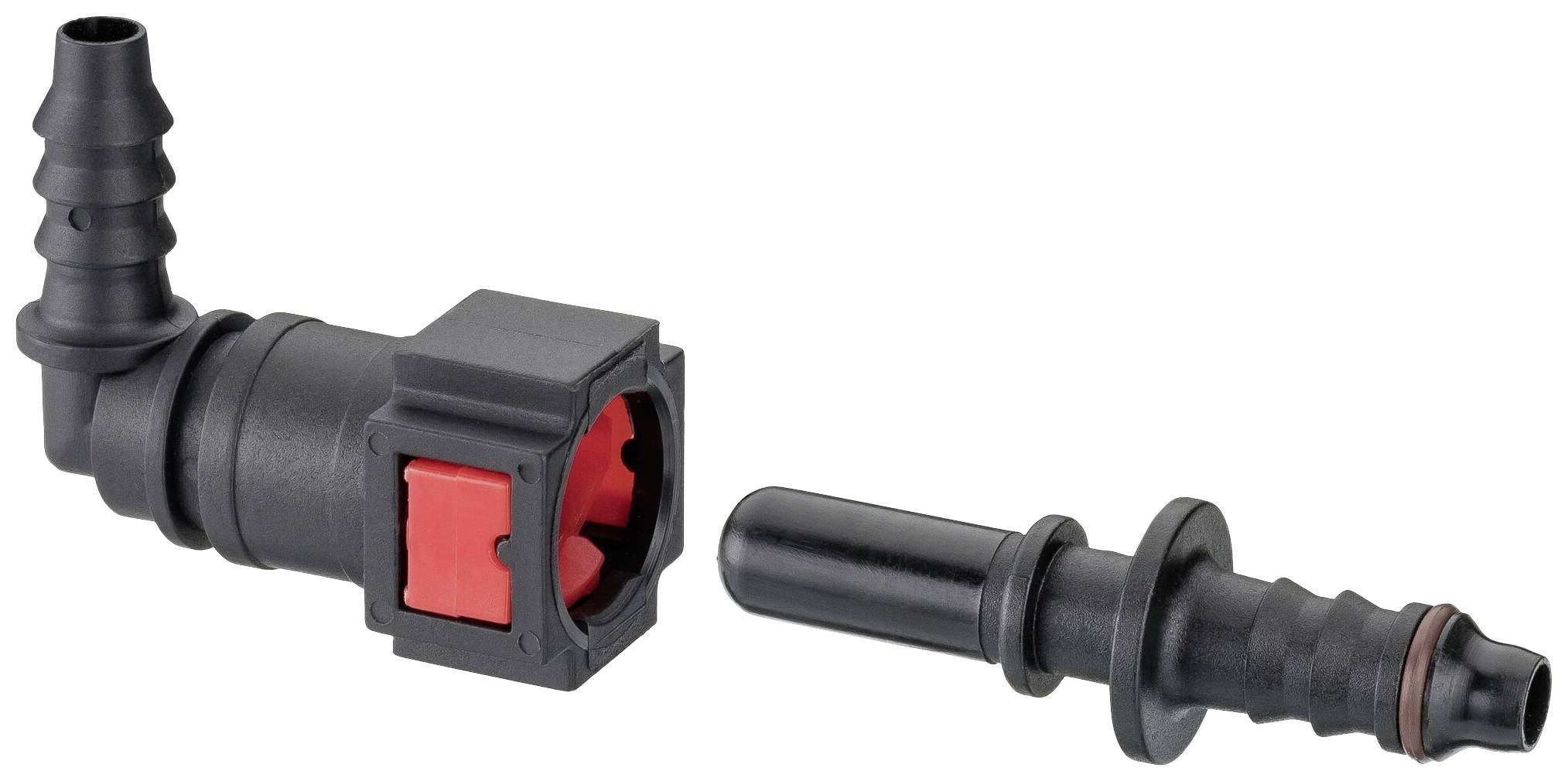 Kunststoff-Steckverbindung und Schlauchanschluss in Nahaufnahme. Links ein Winkelstecker mit rotem Element, rechts ein passender Stutzen.