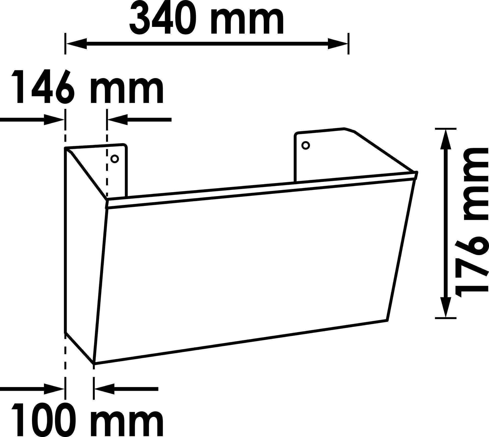 Zeichnung einer rechteckigen Box mit den Maßen: Breite 340 mm, Höhe 176 mm, Tiefe 146 mm, Basis 100 mm.