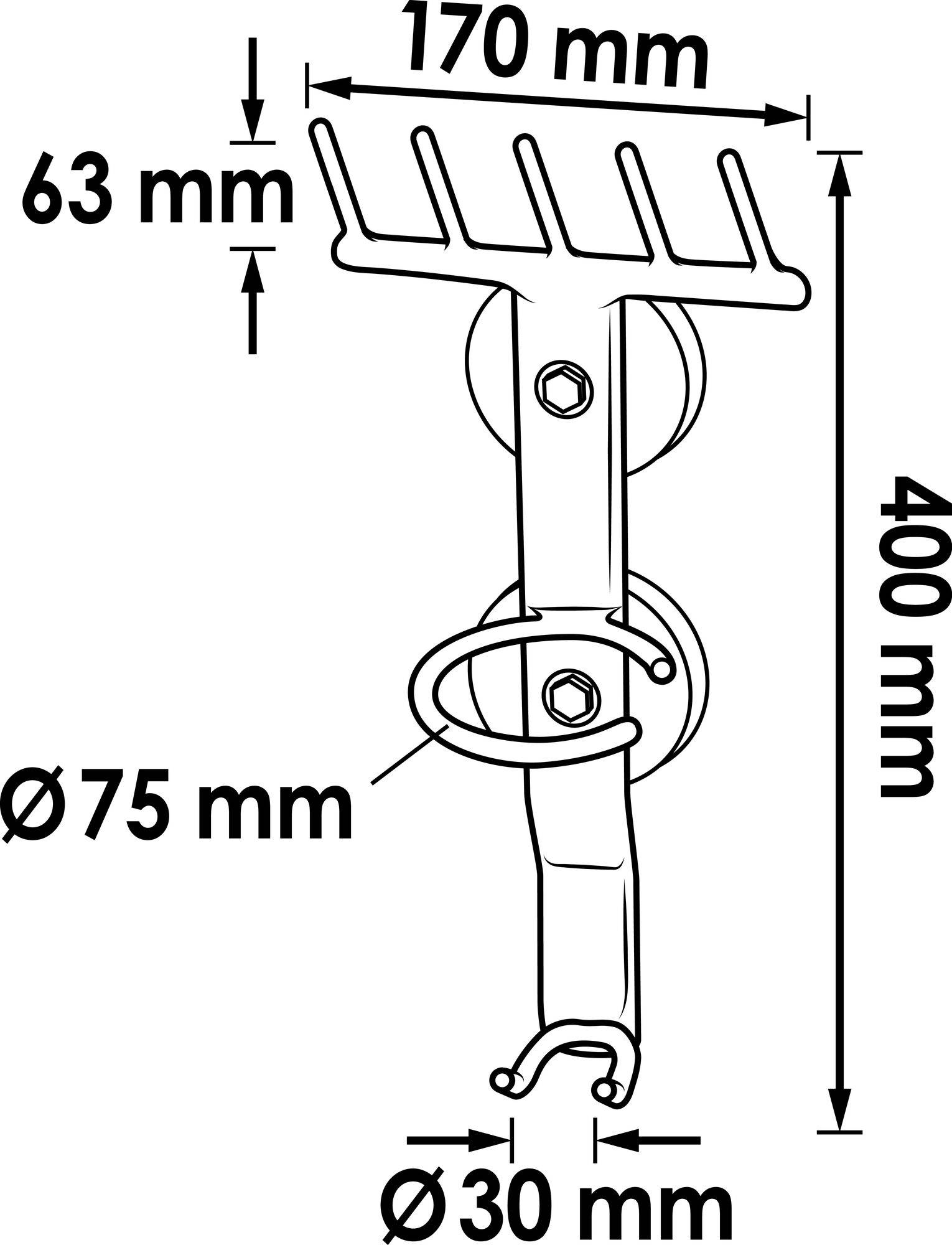 Abbildung eines Werkzeughalters mit Maßen: 400 mm hoch, 170 mm breit. Ø75 mm und Ø30 mm markiert, 63 mm Abstand zwischen Haken.