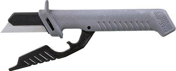 Ein grauer Sicherheitsmesser mit rutschfestem Griff und einziehbarer Klinge, geeignet für Schneidarbeiten. Markenname rechts eingraviert.