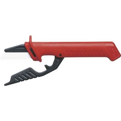 Ein Sicherheitsmesser mit rotem Griff und schwarzer Klinge, geeignet zum Durchtrennen von Verpackungsmaterial ohne Verletzungsgefahr.