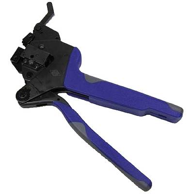 Eine blaue Crimpzange mit schwarzem Kopf liegt auf weißem Hintergrund. Sie wird zum Crimpen von Kabelenden verwendet.
