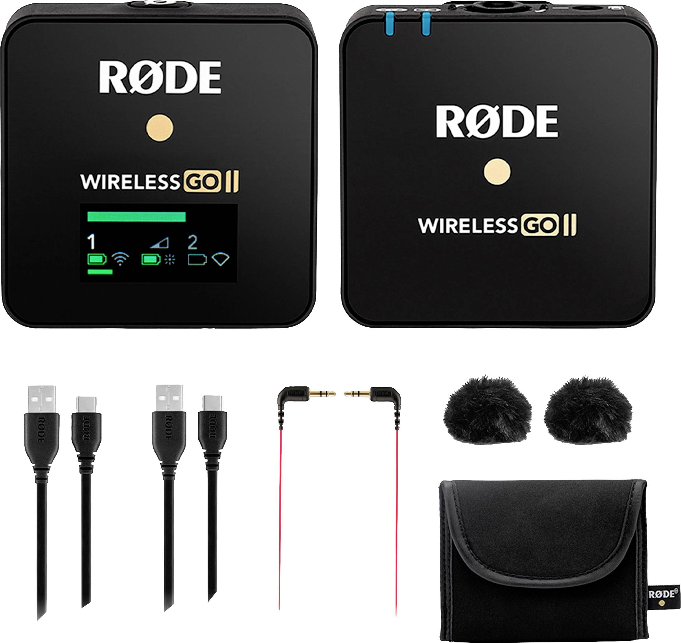 RODE Wireless GO II Funksystem,1x Sender TX,1x Empfänger RX, 3.5mm Klinkenk., 2x Windschutz, USB Kab