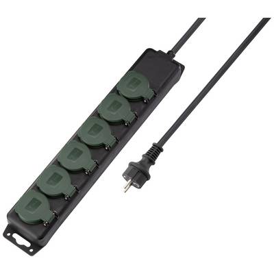 Schwarze Steckdosenleiste mit sechs grünen, geschlossenen Schutzklappen und einem Netzkabel mit Stecker. Ideal für mehrere Anschlüsse.