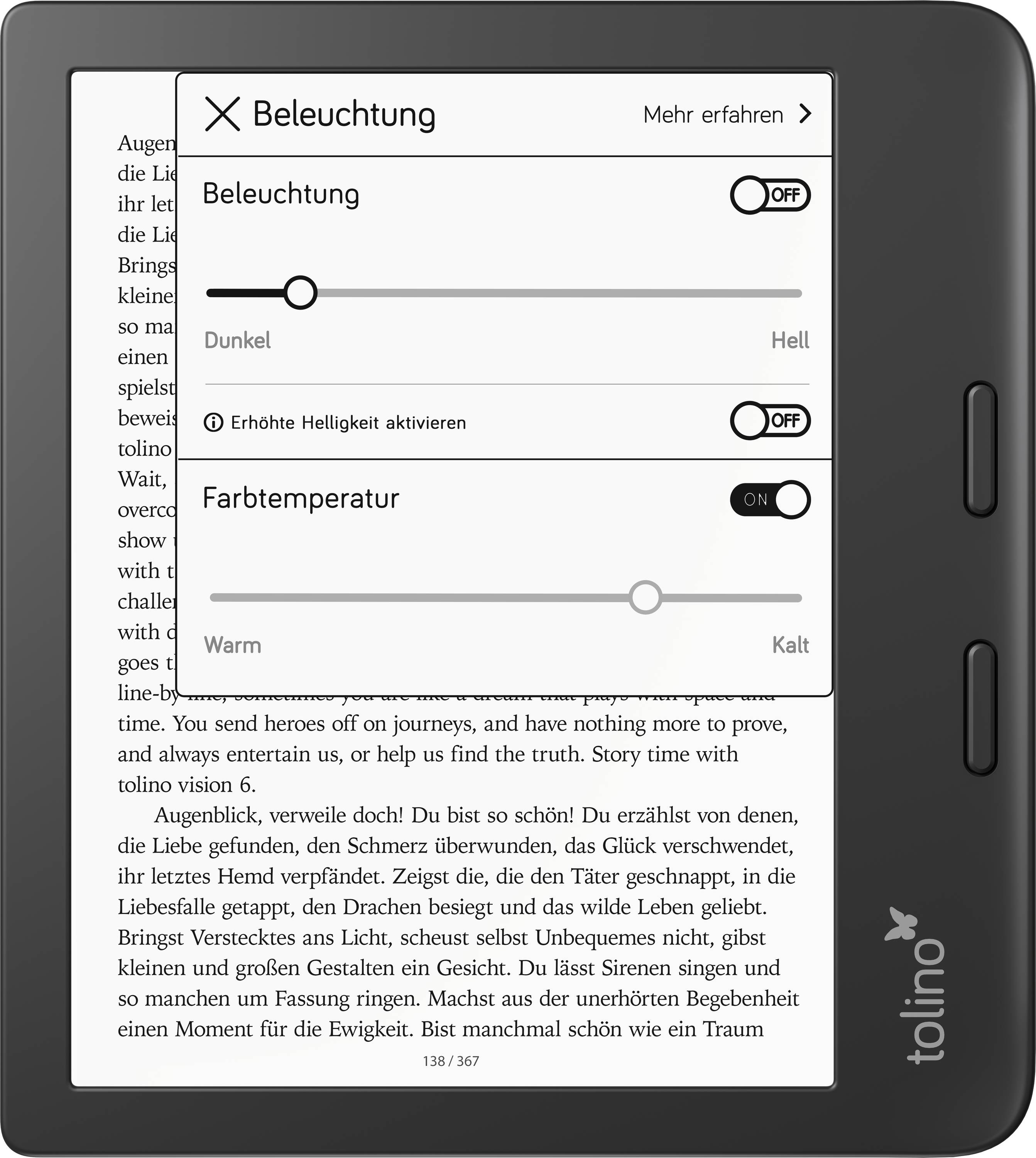 'E-Reader mit geöffneten Beleuchtungseinstellungen. Optionen umfassen Beleuchtungsstärke mit Aus/An-Schalter und Schieberegler für Farbtemperatur.'