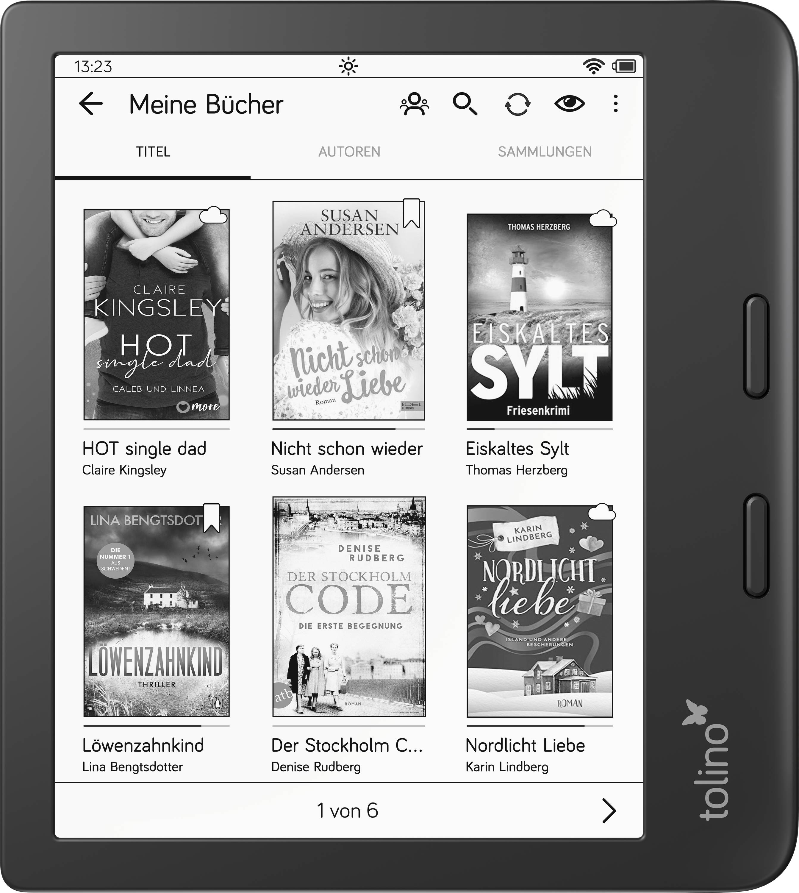 E-Reader zeigt sechs Buchcover in deutscher Sprache, darunter Titel wie 'HOT single dad', 'Nicht schon wieder Liebe' und 'Nordlicht Liebe'.