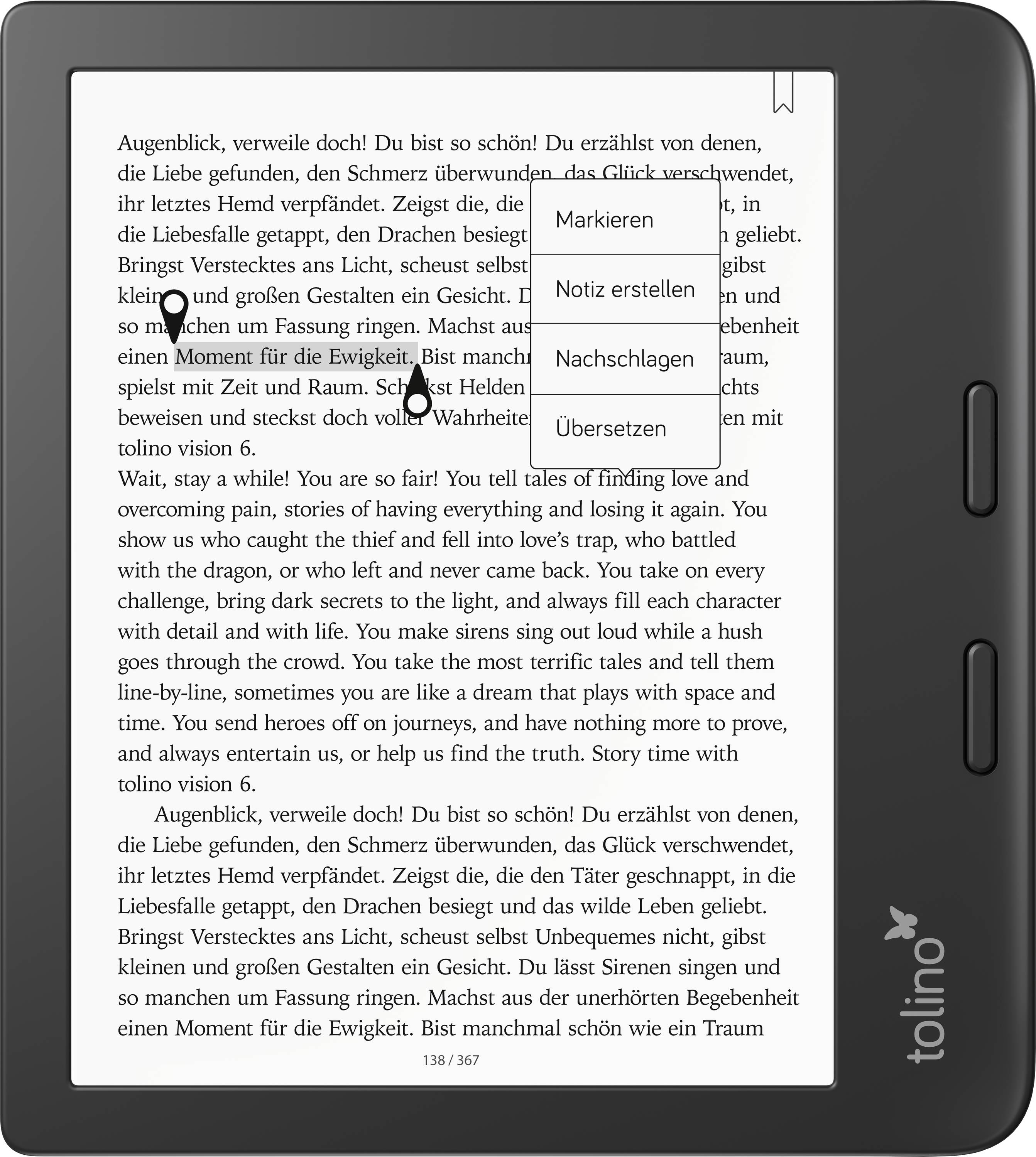 Ein E-Reader zeigt eine Buchseite mit dem Titel 'Augenblick, verweile doch!'. Ein Kontextmenü bietet die Optionen: Markieren, Notiz erstellen, Nachschlagen, Übersetzen.