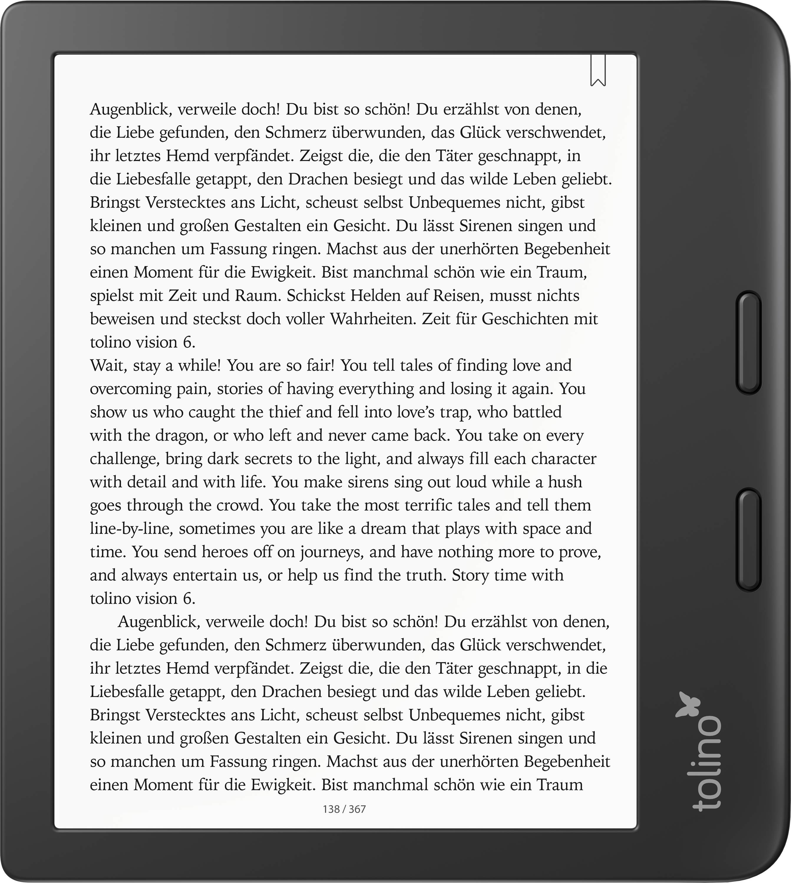 Ein E-Book-Reader zeigt eine Seite mit einem Text über die Schönheit und Vielfältigkeit von Erlebnissen, Liebe und Träumen.