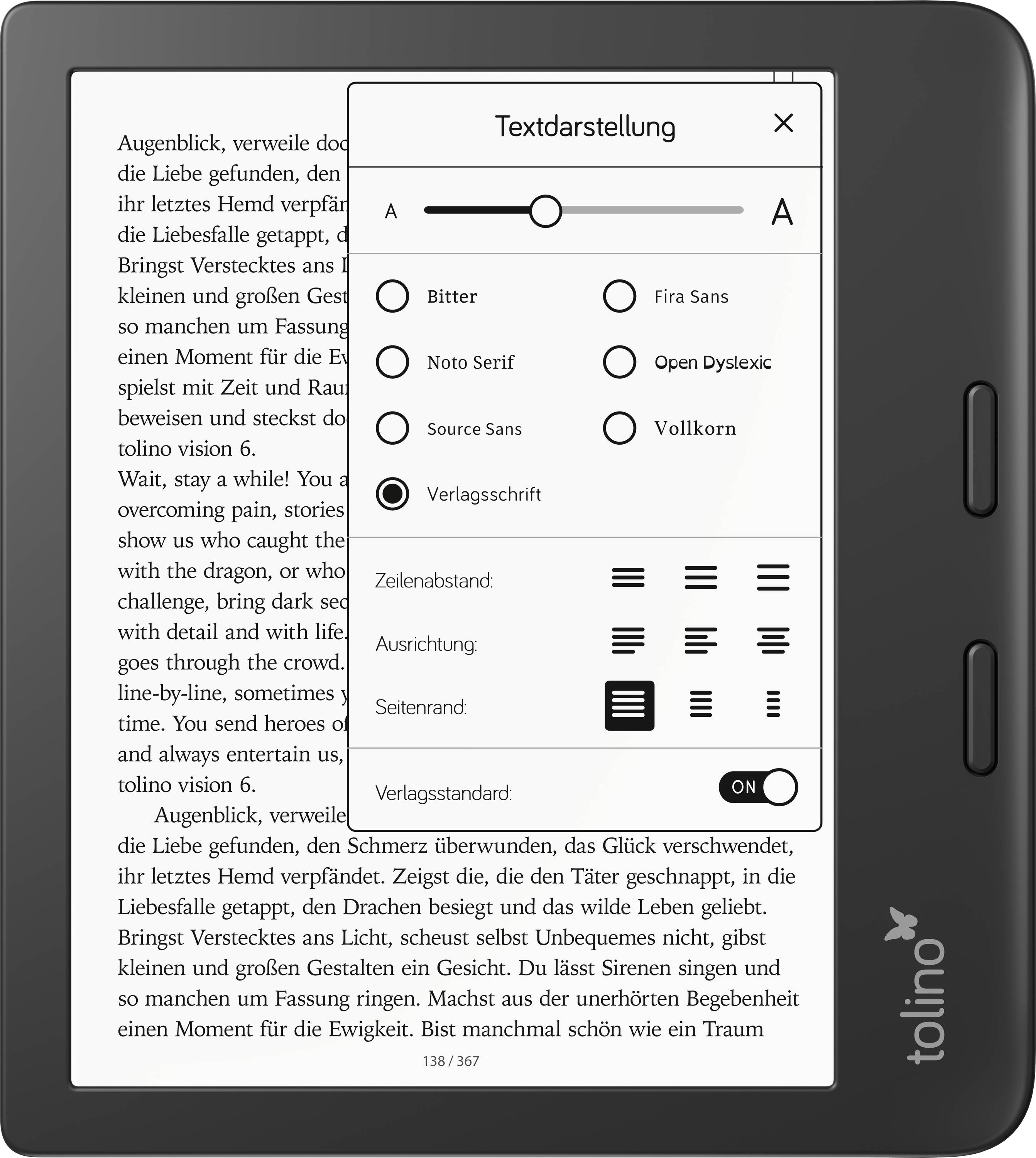 Ein E-Reader mit geöffneter Textoptionen-Menü zeigt verschiedene Schriftarten und Einstellungen zur Textdarstellung auf einer Buchseite.