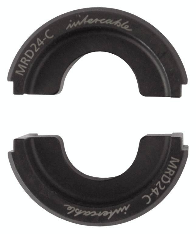 Zwei schwarze Halbkreisschalen, auf beiden steht 'intercable MRD24-C', vermutlich Teile eines elektrischen oder mechanischen Werkzeugs.