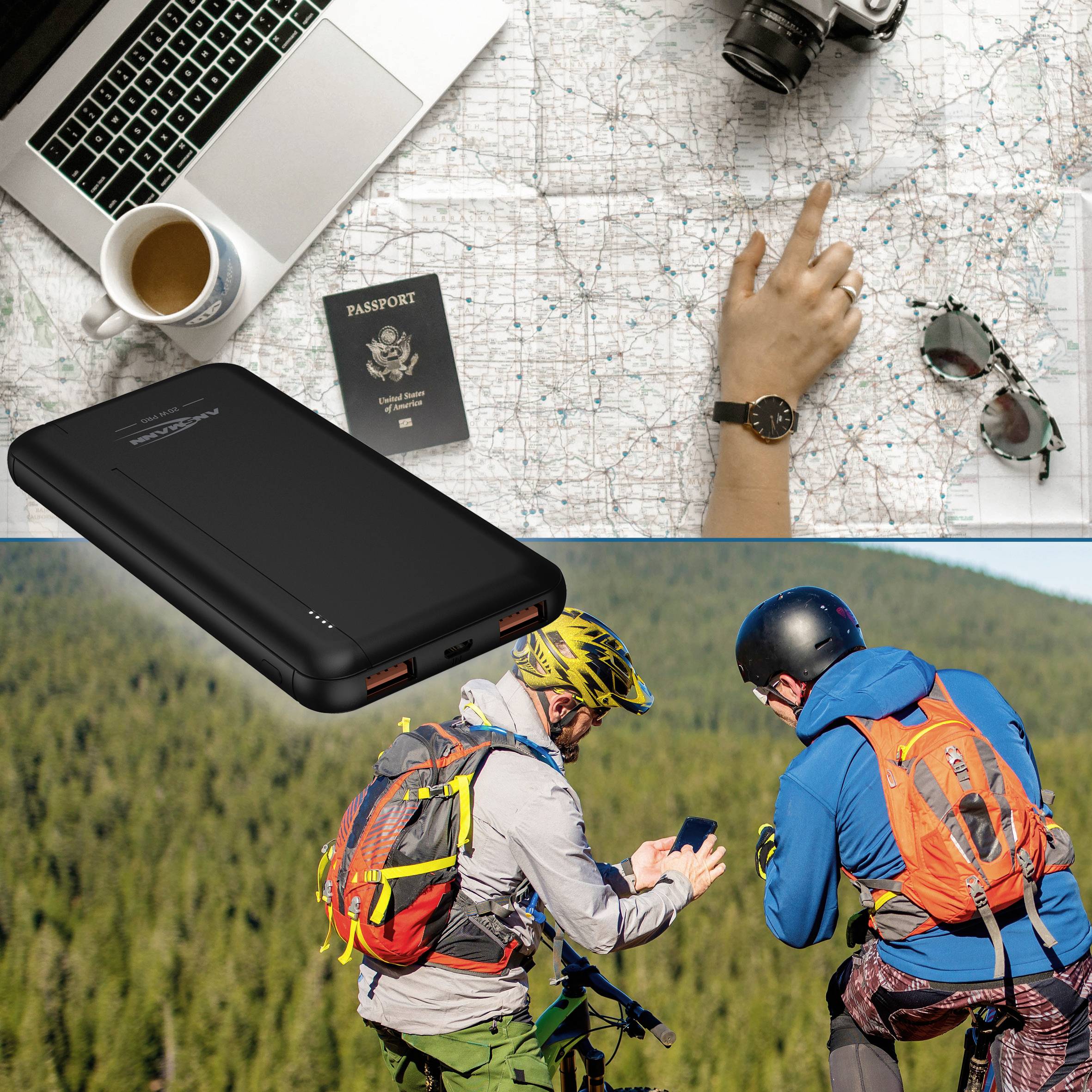 Eine Collage: Oben Laptop, Karte, Reisepass, Kamera, Tasse. Unten zwei Menschen in Wanderkleidung auf einem Berg, eine Powerbank.