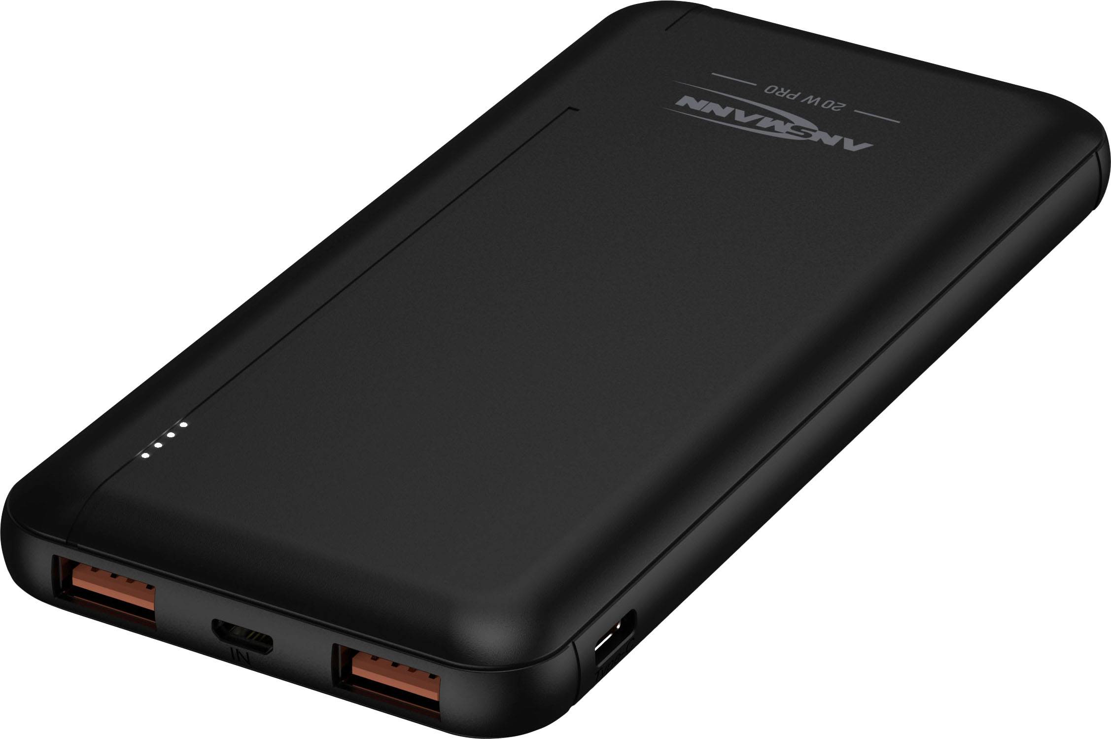 Externe Powerbank in schwarzem Gehäuse mit zwei USB-Anschlüssen und einem Mikro-USB-Anschluss, geeignet zum Laden mobiler Geräte.
