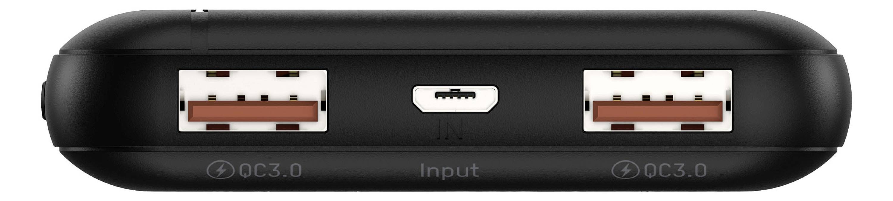Schwarze Powerbank mit zwei USB-Anschlüssen und einem Micro-USB-Anschluss in der Mitte, alle mit 'Input' und 'QC3.0' markiert.