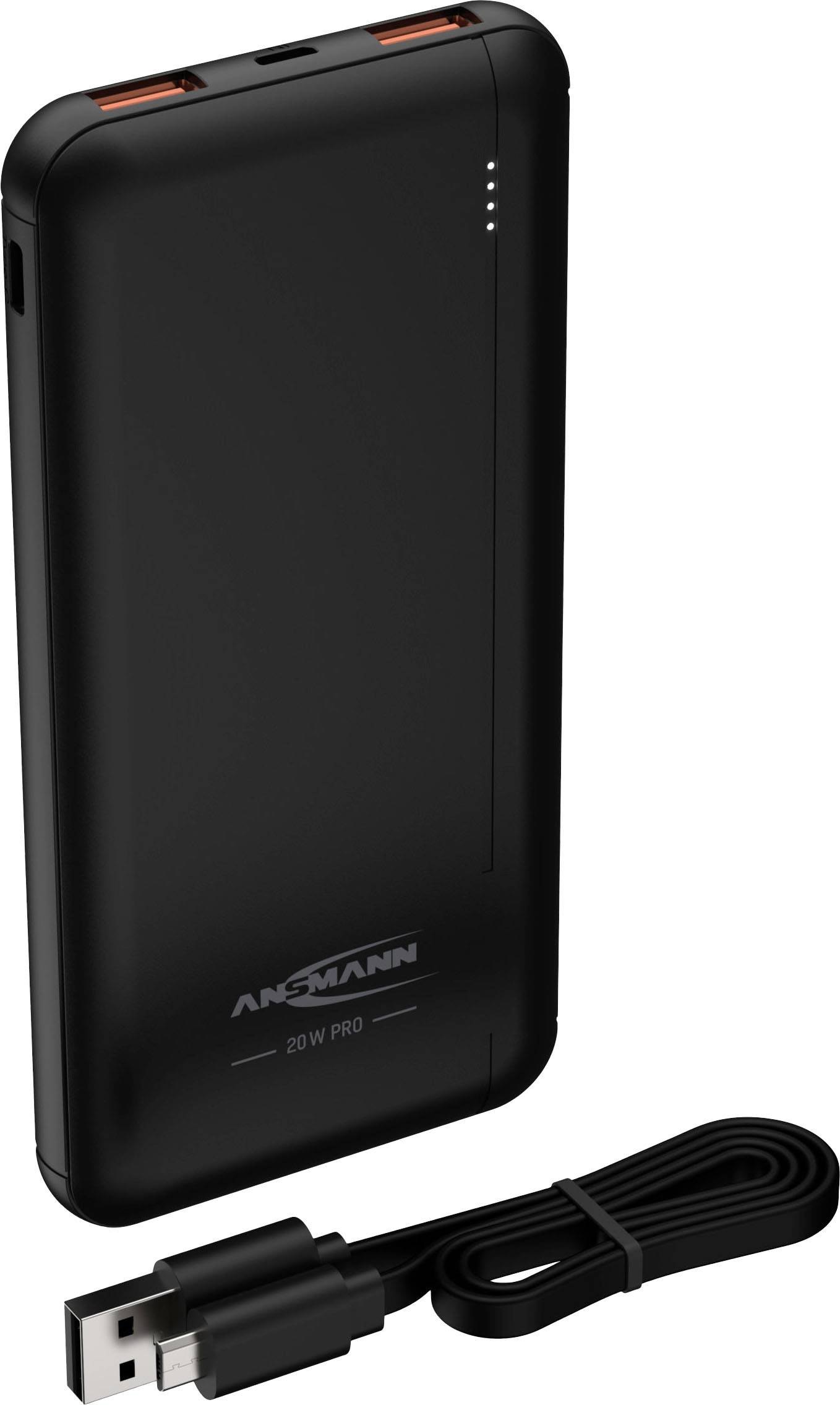 Schwarze Powerbank mit zwei USB-Anschlüssen, auf einer weißen Fläche liegend, daneben ein aufgerolltes USB-Kabel.