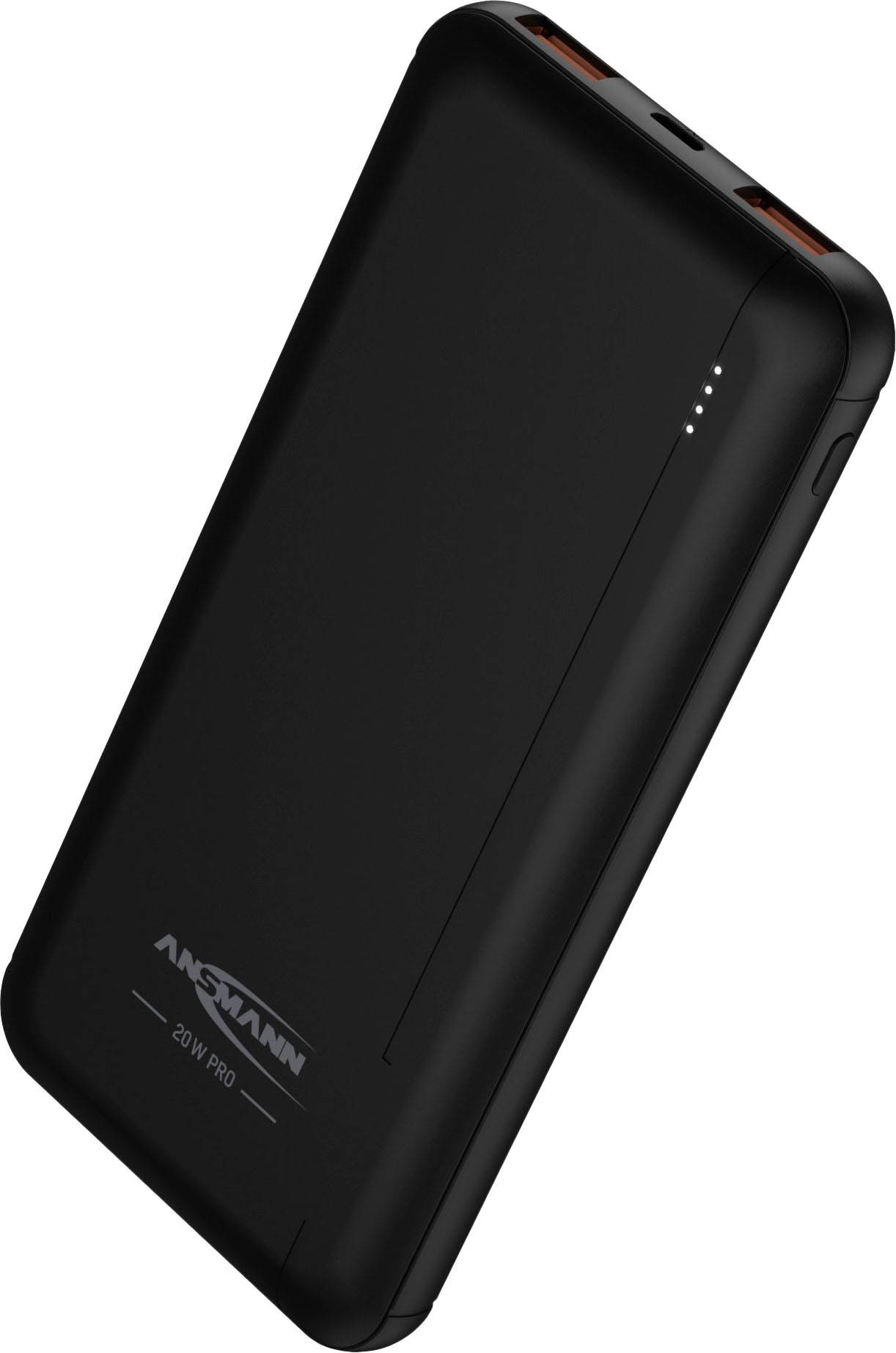 Schwarze Powerbank mit zwei USB-Ports und vier LED-Anzeigen zur Batteriestandsanzeige.