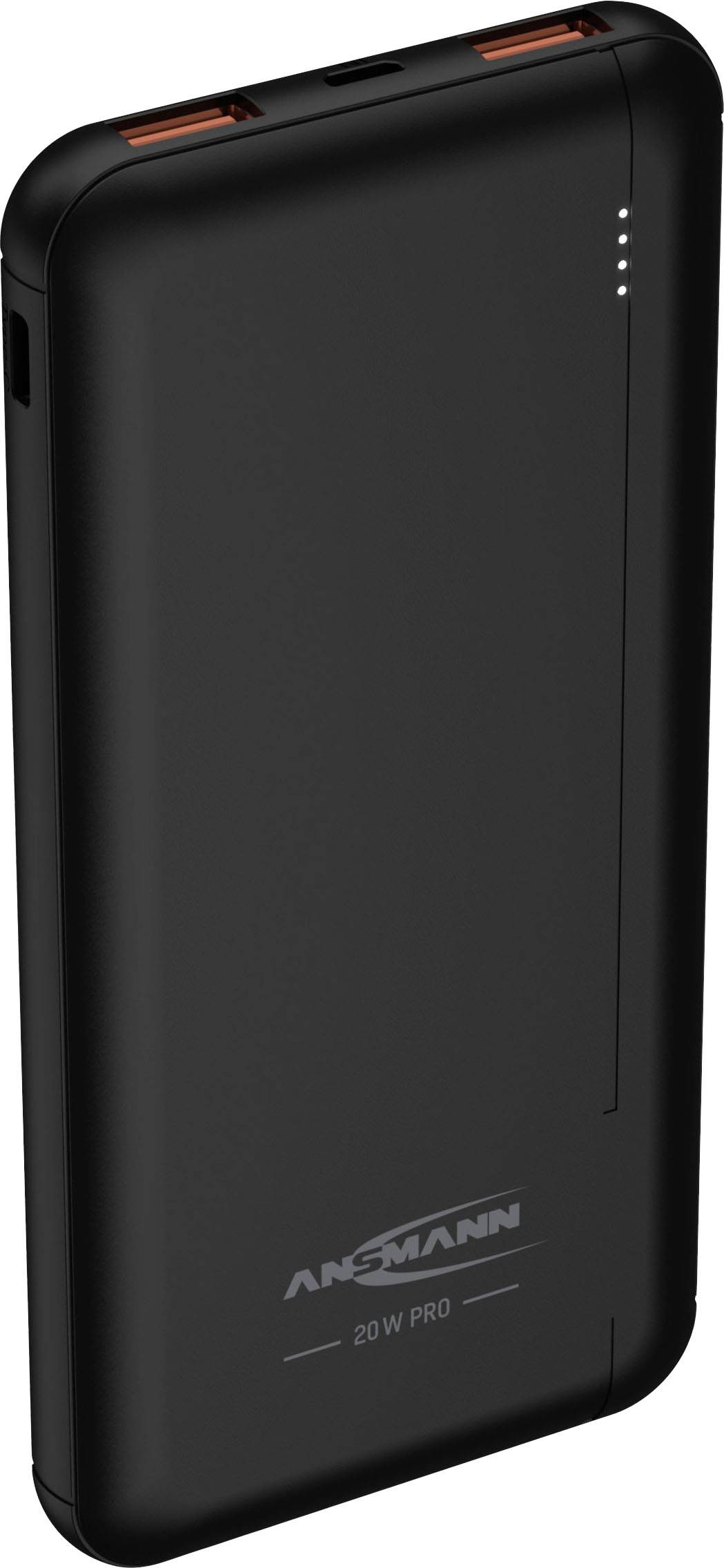 'Schwarze Powerbank mit zwei USB-Anschlüssen und vier LED-Anzeigen. Markenname und Modellnummer sind auf der Vorderseite sichtbar.'