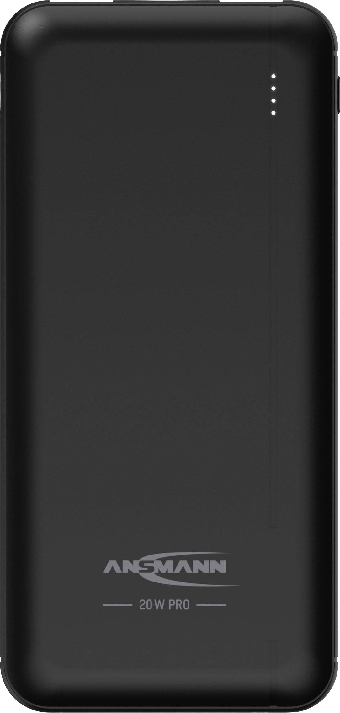 Schwarze Powerbank von Ansmann mit Aufschrift '20W Pro', zeigt vier LED-Ladeanzeigeleuchten an der Seite.