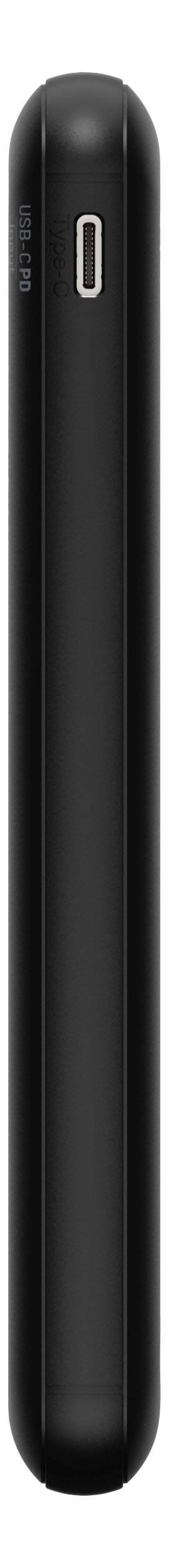 Schwarzer, länglicher Gegenstand, vertikale Ansicht mit einem USB-Anschluss oben.