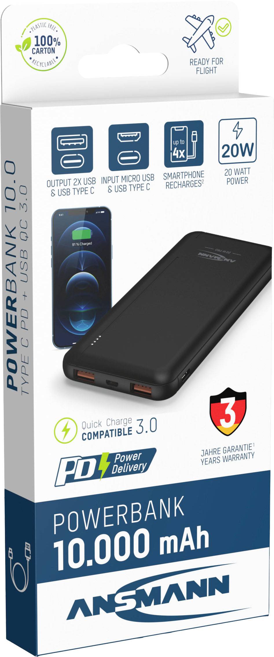 'Powerbank 10.000 mAh' von Ansmann. Mit USB-C PD, USB QC 3.0, LED-Anzeige, 3 Jahre Garantie. 'Ready for flight'. 20W schneller Ladeausgang.