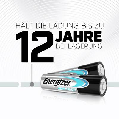 'Zwei Energizer Max Plus AA-Batterien. Text: Hält die Ladung bis zu 12 Jahre bei Lagerung.'