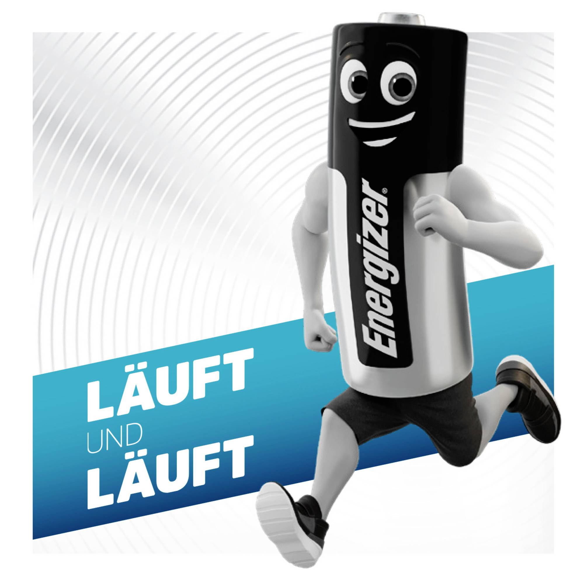 Eine Batteriefigur in Sportschuhen, die lächelt und läuft, mit dem Text 'Läuft und läuft' im Hintergrund.