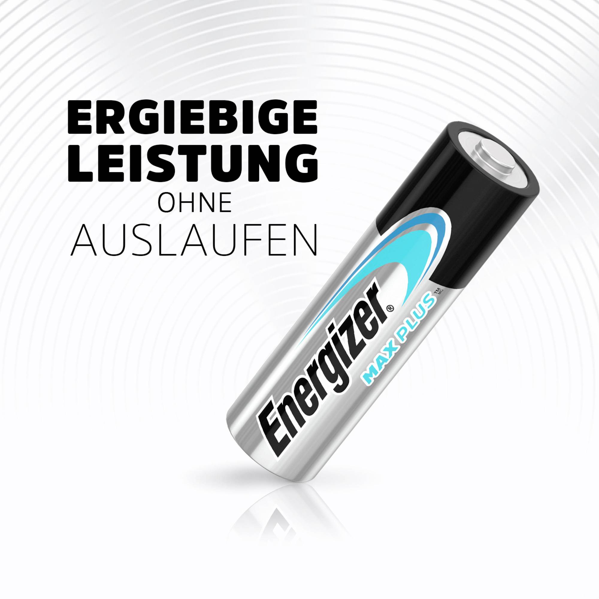 Batterie mit der Aufschrift 'Energizer MAX PLUS' auf weißem Hintergrund. Text daneben: 'Ergiebige Leistung ohne Auslaufen'.