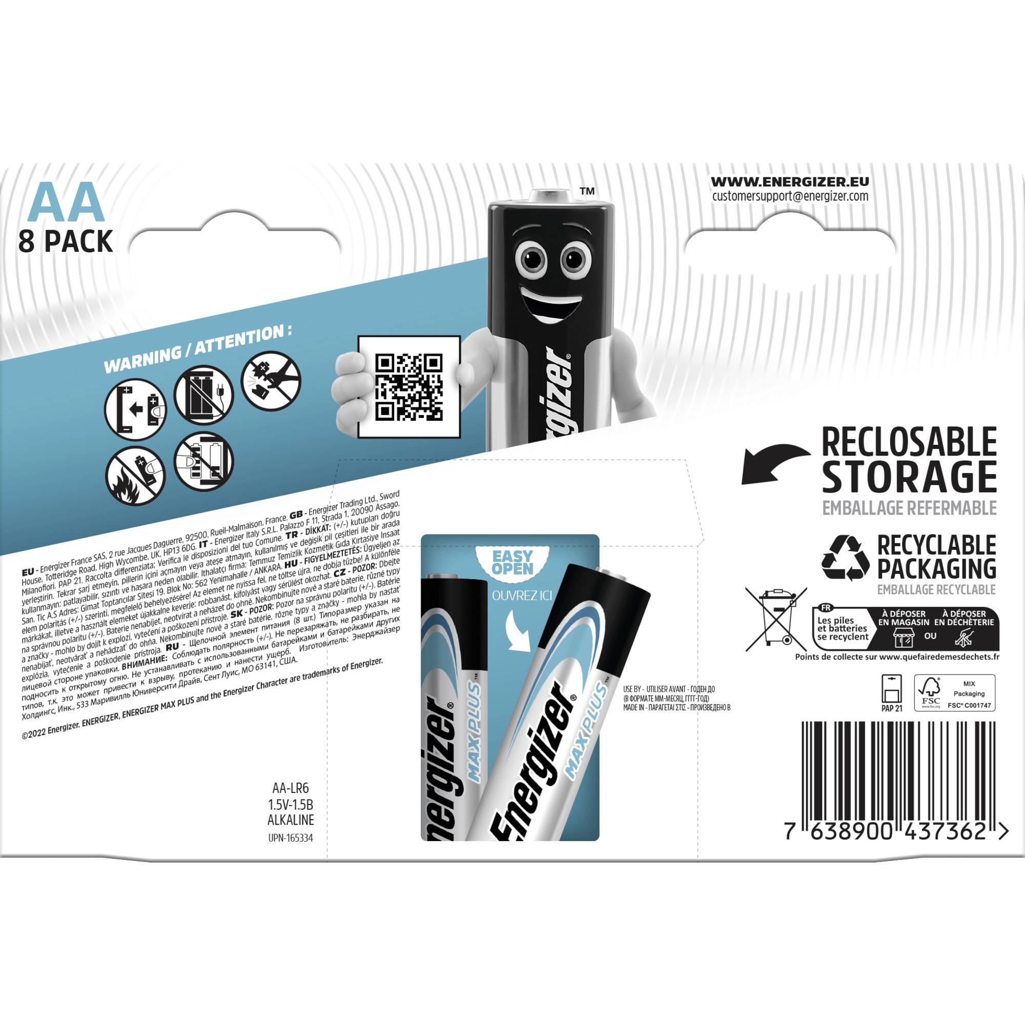 Verpackung von 8 AA Energizer-Batterien mit QR-Code, Warnhinweisen und Infos zur wiederverwendbaren und recycelbaren Verpackung.
