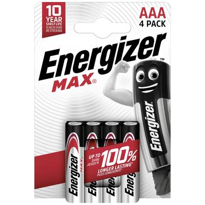 Energizer AAA-Batterien 4er-Pack, 10 Jahre haltbar, verspricht bis zu 100% längere Lebensdauer. Verpackung mit Batterie-Maskottchen.