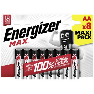 Acht-Energizer-Max-AA-Batterien im Maxi-Pack. Abgebildet ist das Maskottchen des Produkts. Text: '100% länger anhaltend'.
