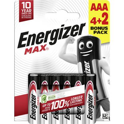 Energizer Max AAA-Batterien-Packung mit 6 Batterien. Hervorgehobene Eigenschaften: 10 Jahre Haltbarkeit, 100 % längere Lebensdauer.