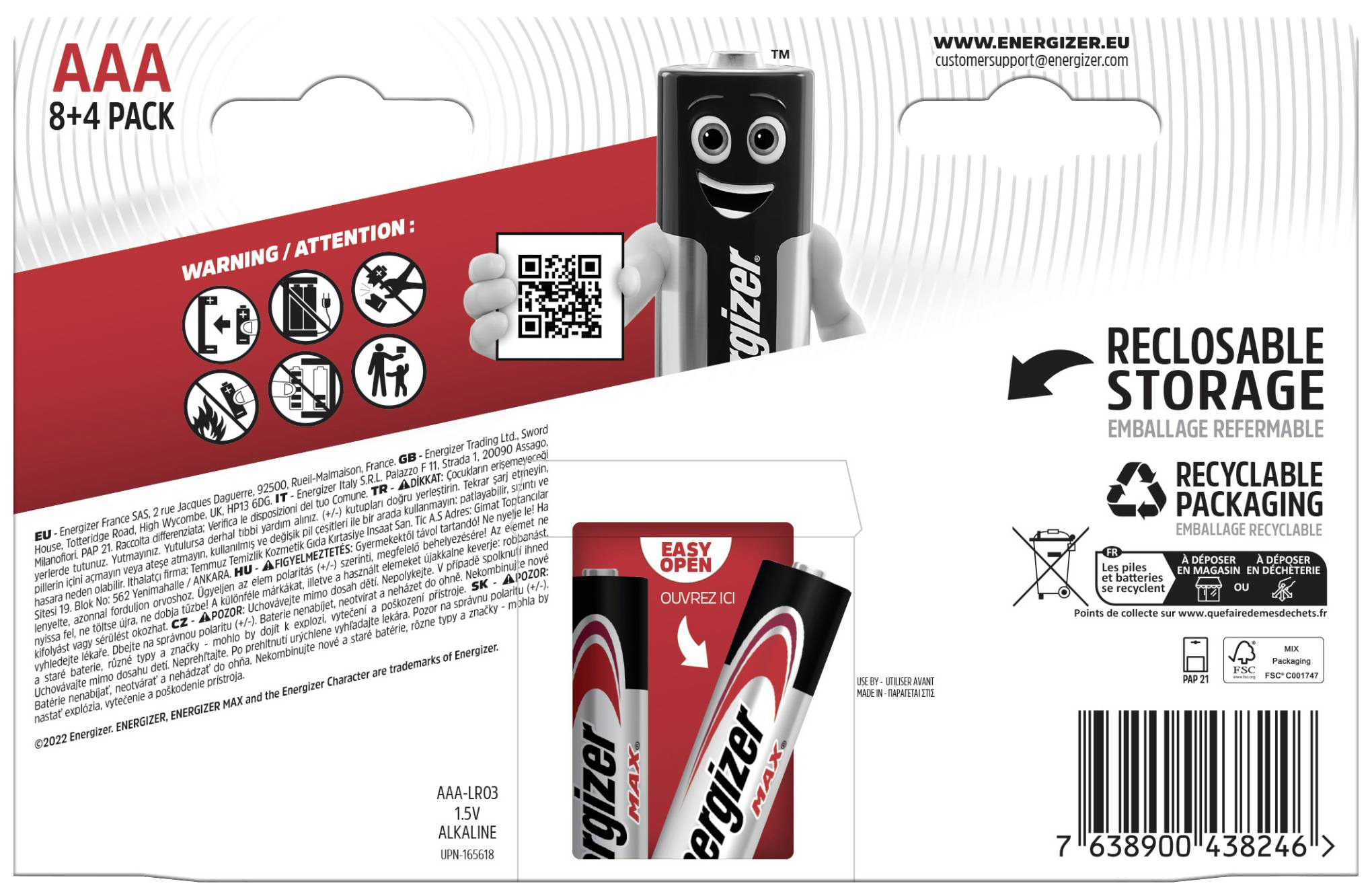 'AAA 8+4 Pack Batterien von Energizer, wieder verschließbare Verpackung. Warnhinweise zu Nutzung und Recycling-Symbol abgebildet.'