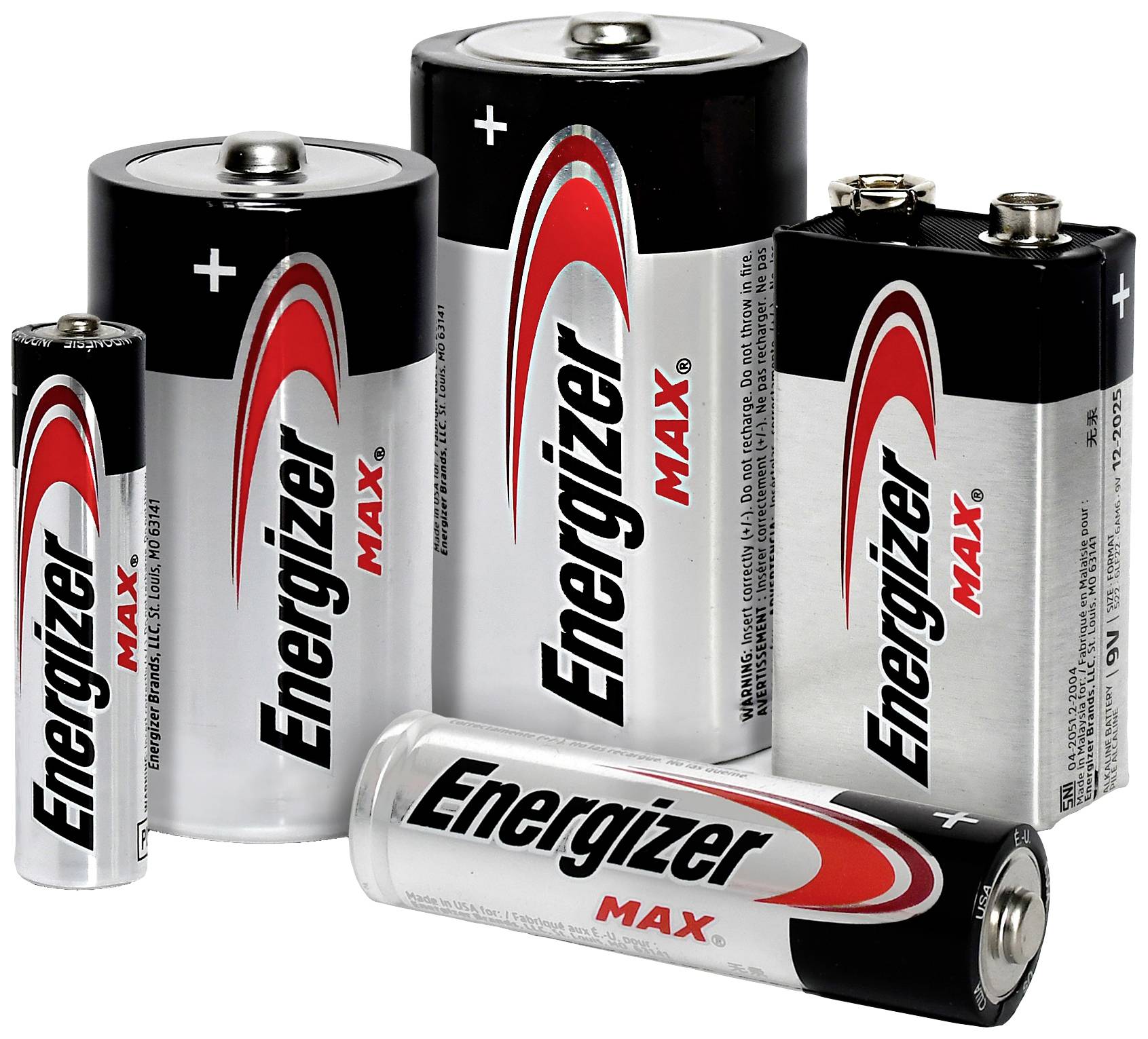 Fünf Batterien verschiedener Größen und Formen der Marke 'Energizer Max' mit silbernem Gehäuse und roten, weißen und schwarzen Aufdrucken.