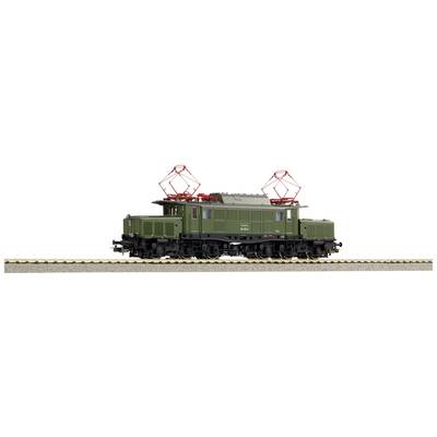 Ein grünes Modell einer elektrischen Lokomotive mit roten Stromabnehmern, dargestellt auf einem Schienenstück.