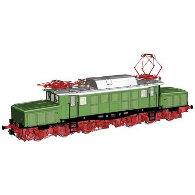 Ein grünes Modell einer Elektrolokomotive mit roten Details und einem Stromabnehmer auf dem Dach.