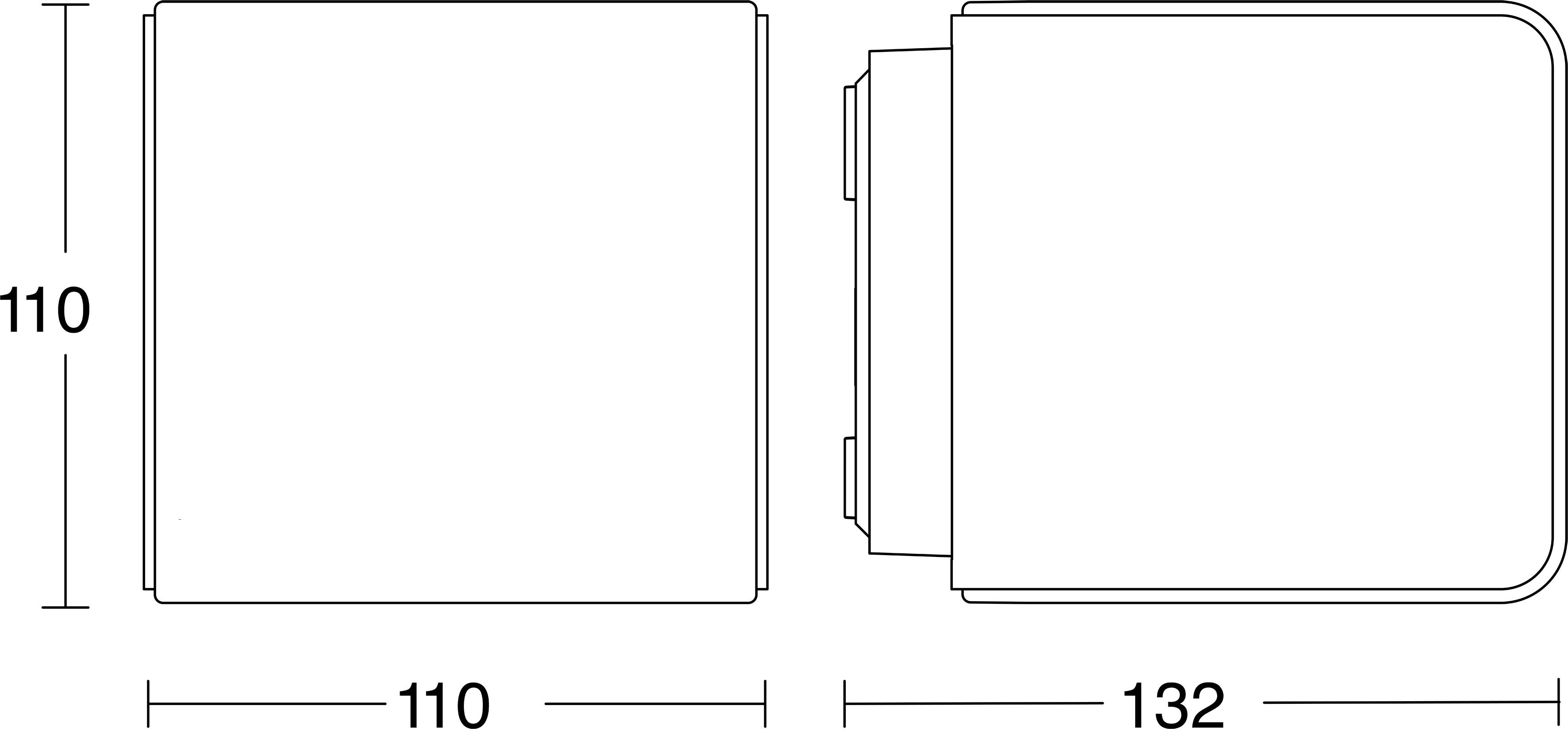 Technische Zeichnung eines Geräts mit abgerundeten Ecken in rechteckiger Form, mit Vorder- und Seitenansicht und den Abmessungen 110 breit und 132 tief.