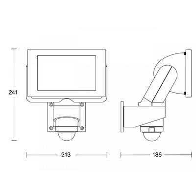 Technische Zeichnung einer Kamera; zeigt Vorderansicht, Seitenansicht und Maße: Höhe 241 mm, Breite 213 mm, Tiefe 186 mm.