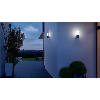 Außenbereich eines modernen Hauses bei Dämmerung, mit leuchtender Wandlampe und Topfpflanzen neben einem Gehweg.