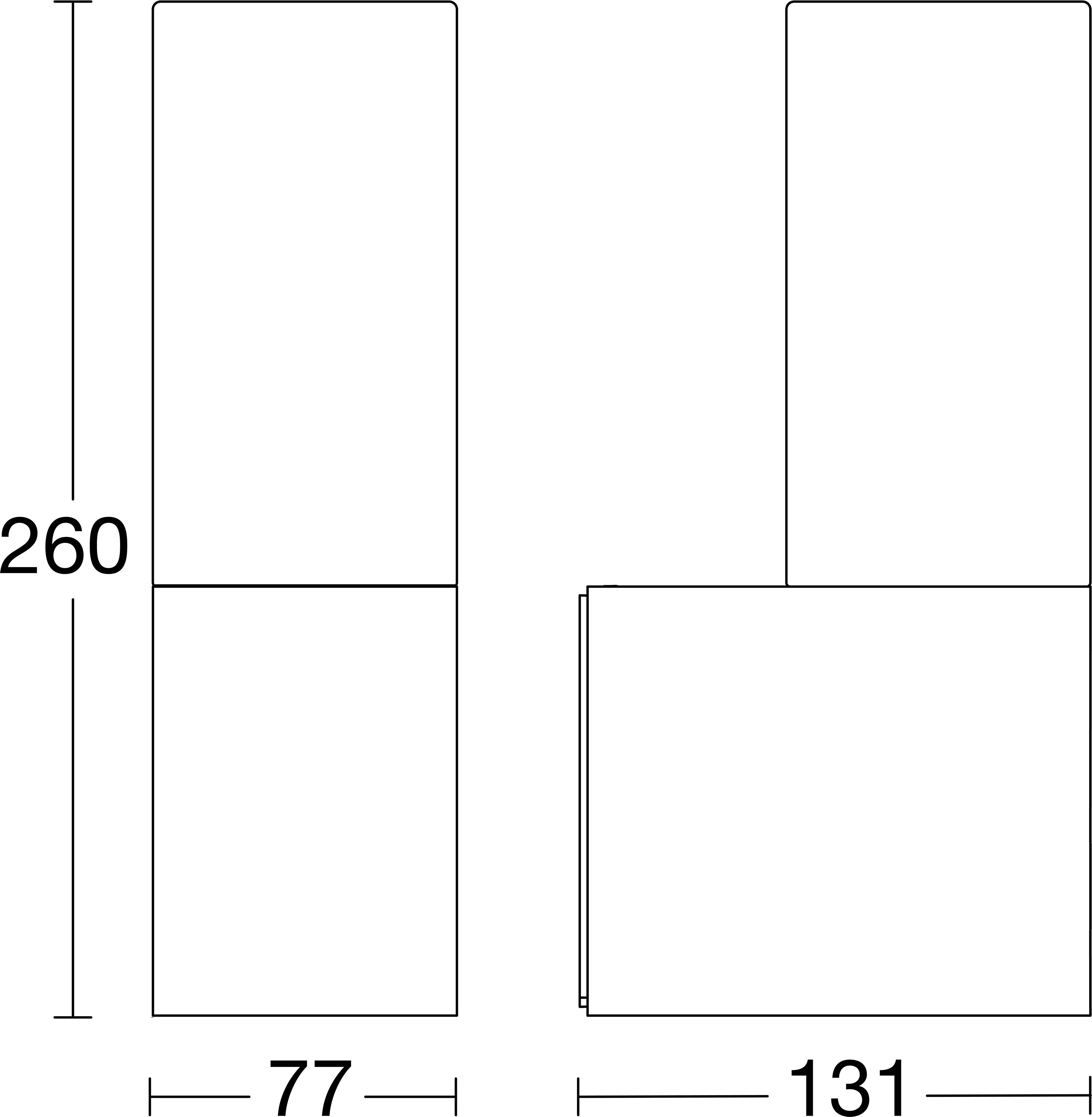 Dimensionsdiagramm mit zwei rechteckigen Layouts: links 77 breit mal 260 hoch, rechts 131 breit mit einem höheren oberen Abschnitt und einem niedrigeren unteren Abschnitt.