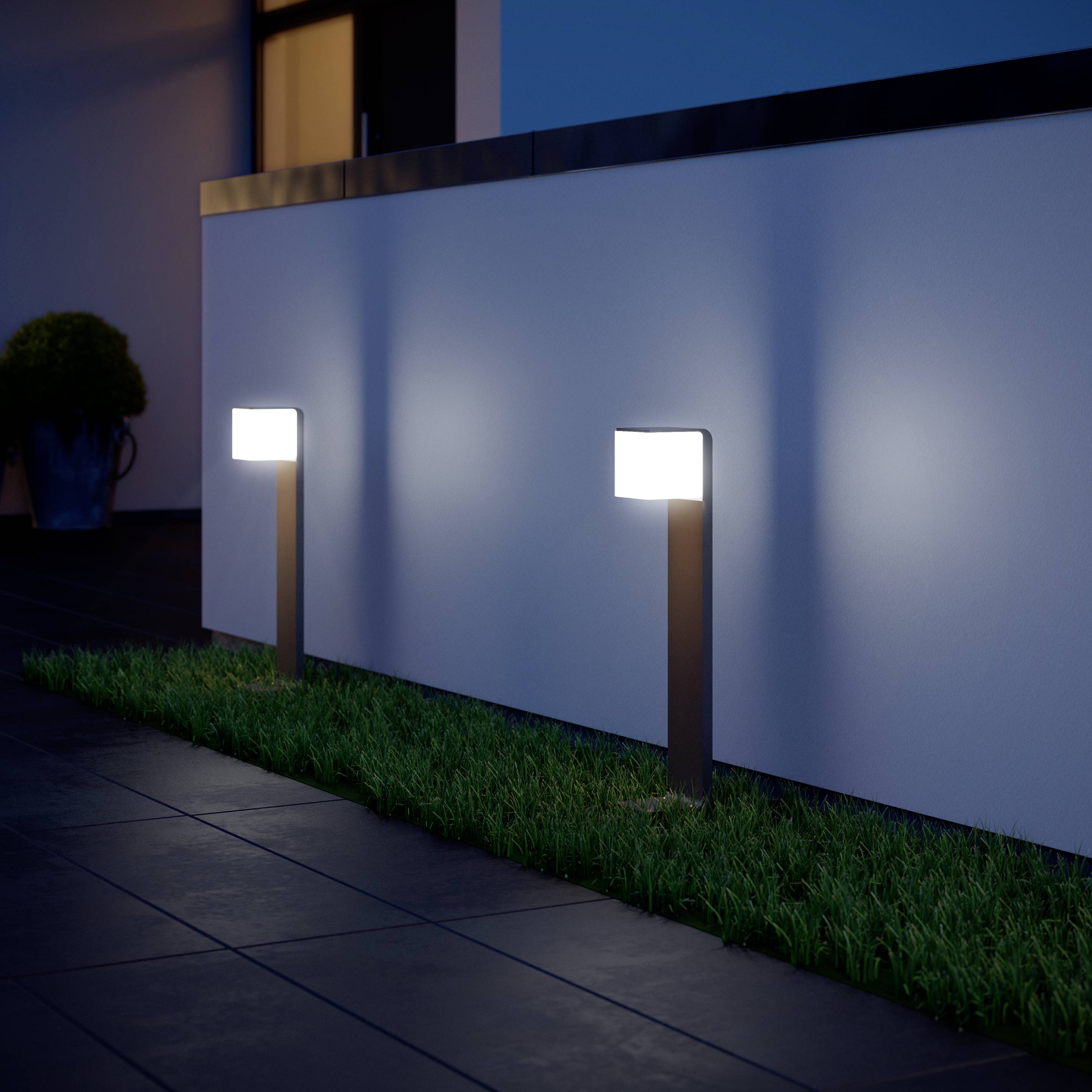 Ein beleuchteter Gehweg bei Nacht mit zwei modernen Laternen, die entlang einer niedrigen Wand leuchten. Links befindet sich ein Topf mit Pflanzen.