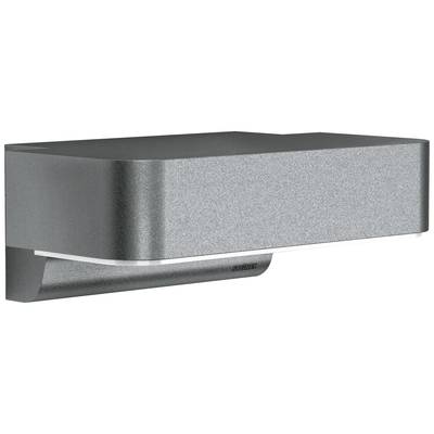 Metallische Außenwandlampe in modernem Design, dunkelgrau mit abgerundeten Ecken. Sie strahlt Licht nach unten ab.