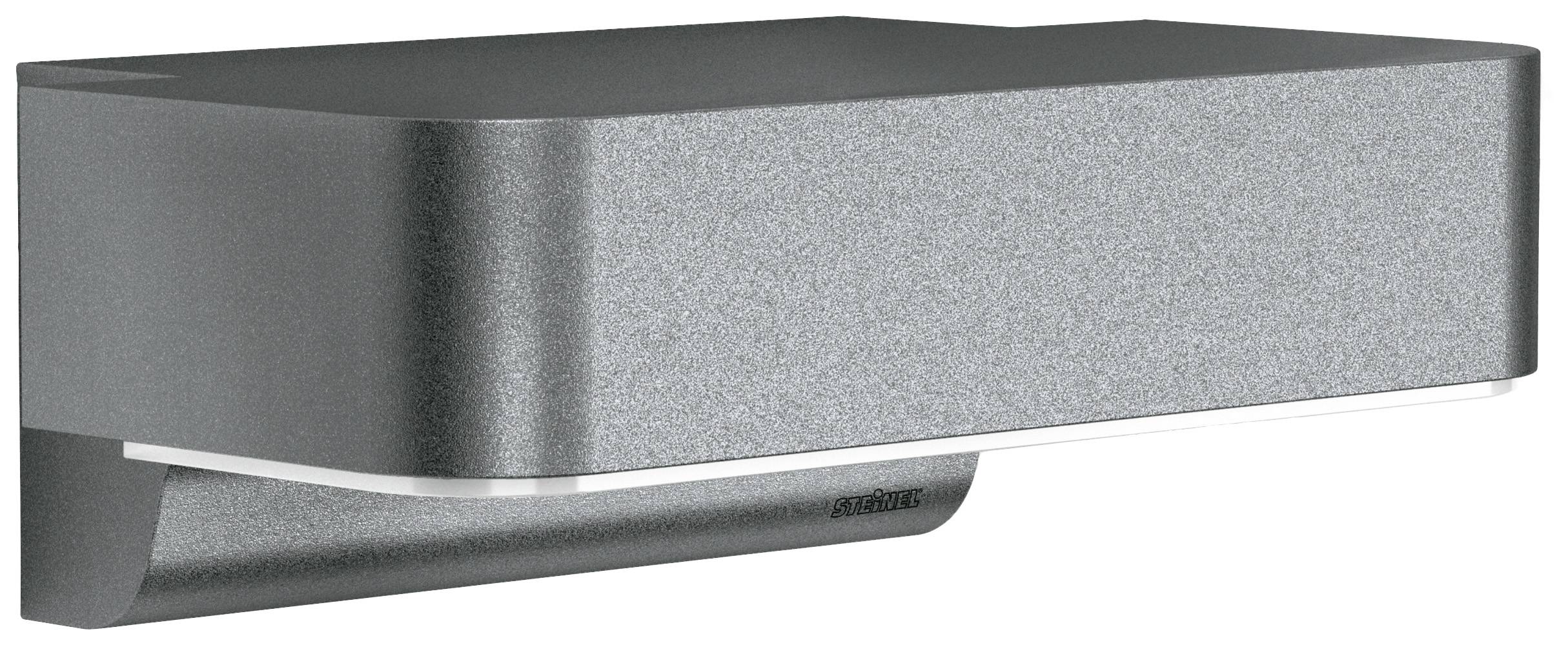 Eine graue, rechteckige Wandaußenleuchte mit modernem Design, montiert an der Wand. Sie dient der Beleuchtung von Außenbereichen.