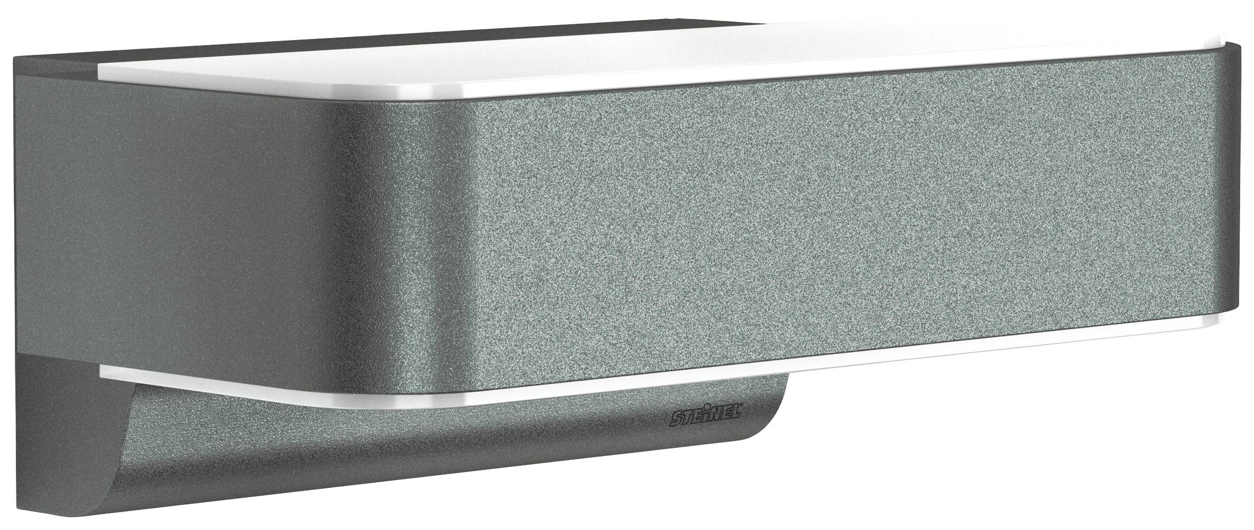 Moderne, rechteckige, graue Außenwandleuchte mit abgerundeten Kanten und geschlossener Oberseite.