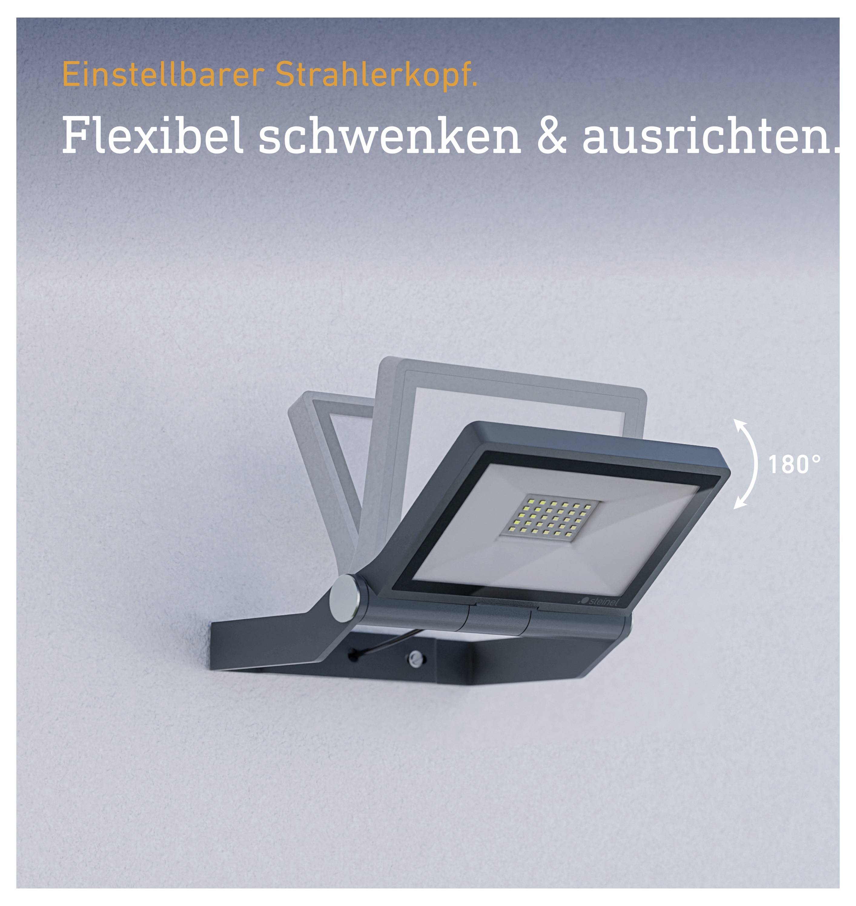 Verstellbarer LED-Strahler mit 180° schwenkbarem Kopf; Text: 'Flexibel schwenken & ausrichten' und 'Einstellbarer Strahlerkopf.'<br>